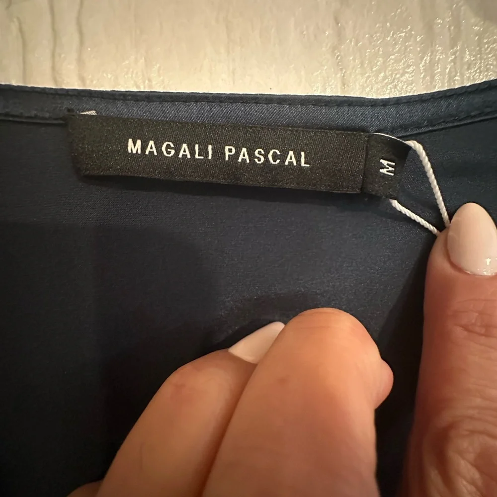 NWT MAGALI PASCAL Navy Baron long dress Puff-Sleeved Midi Dress silk Size M - Picture 7 of 11